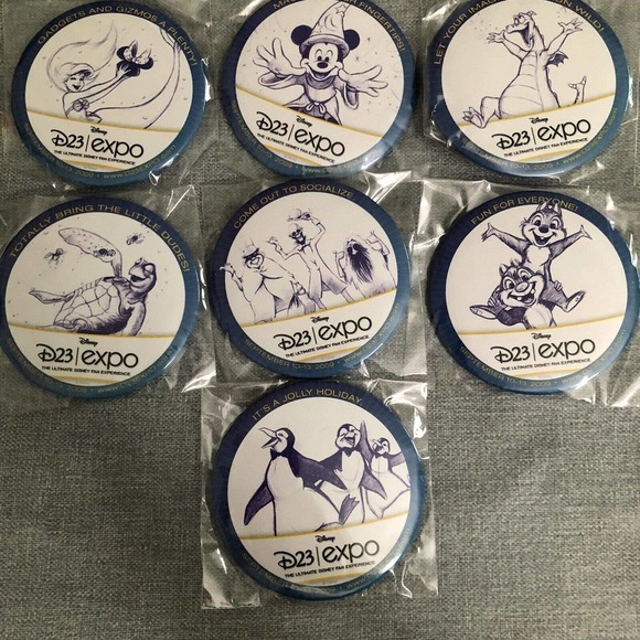 Set Of 7 Disney D23 Expo 2009 Button Pin Badge UNOPENED Complete New Sealed - Picture 1 of 9